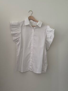 White Ruffle Sleeve Button-Front Blouse